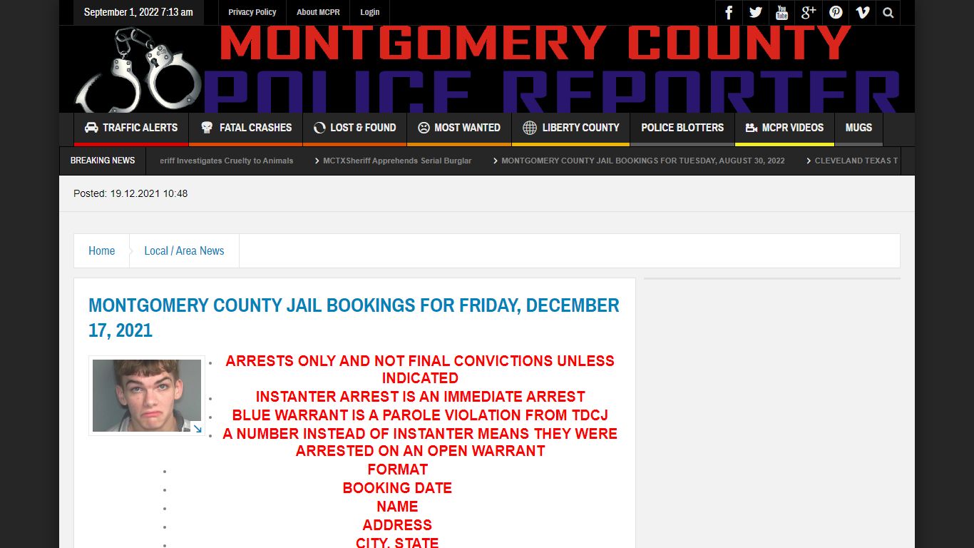 MONTGOMERY COUNTY JAIL BOOKINGS FOR FRIDAY, DECEMBER 17, 2021